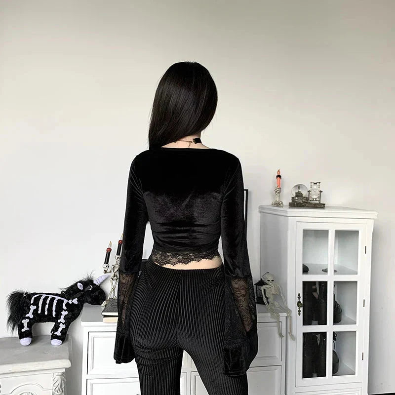 Goth Lace Flare Cuffs Crop Top
