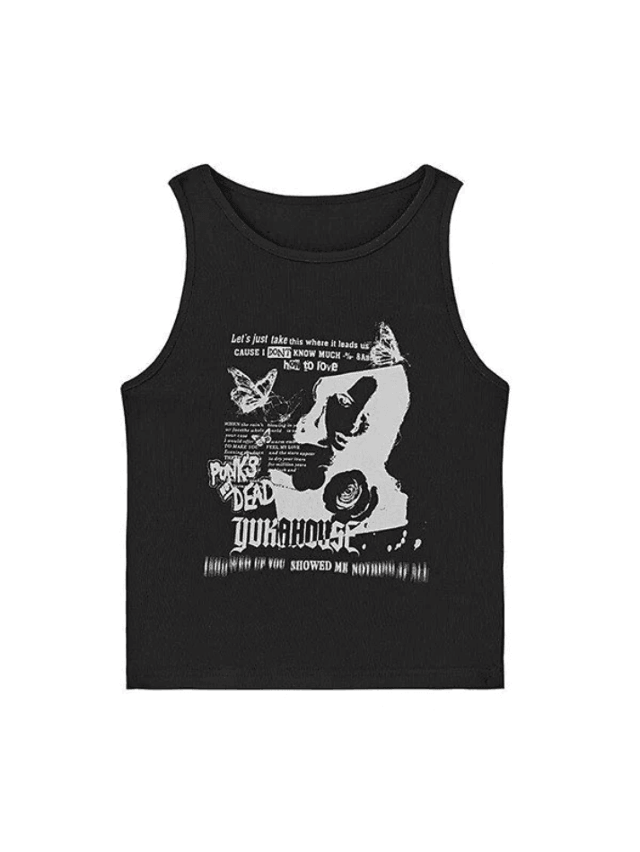 Gothic Punk Printed Rib Crop Tank Top