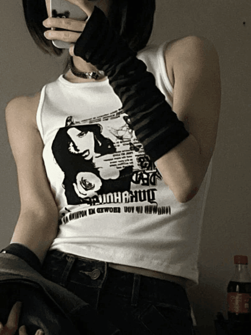 Gothic Punk Printed Rib Crop Tank Top