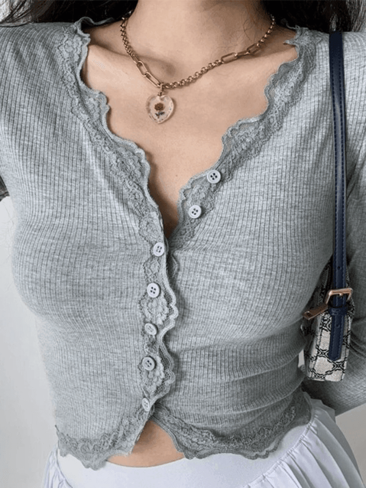 Lace trim button front knit crop top