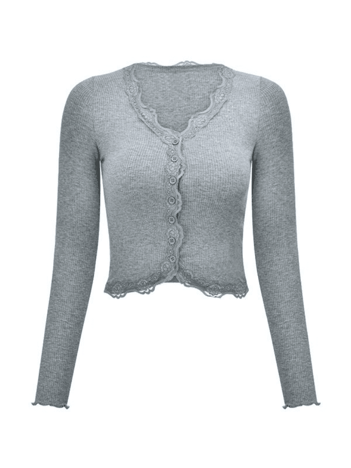 Lace trim button front knit crop top
