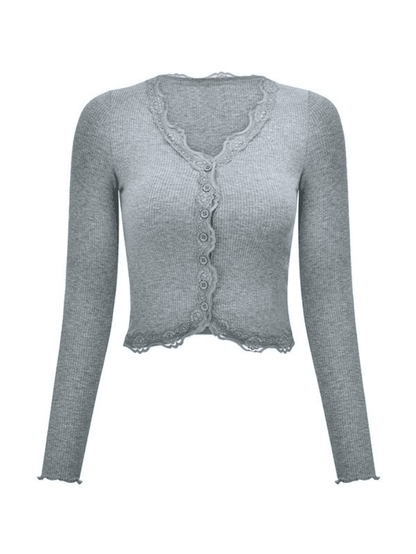 Lace trim button front knit crop top