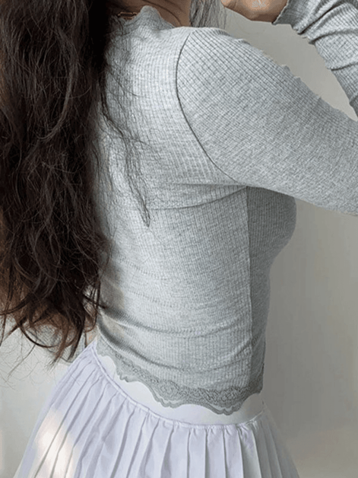 Lace trim button front knit crop top