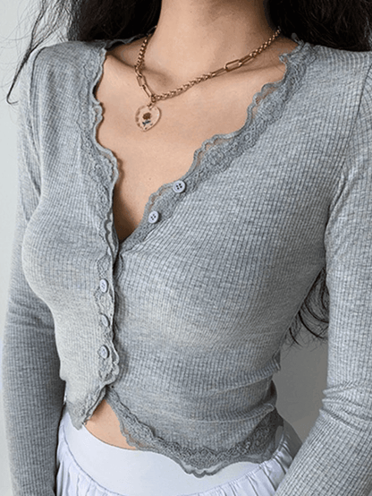 Lace trim button front knit crop top