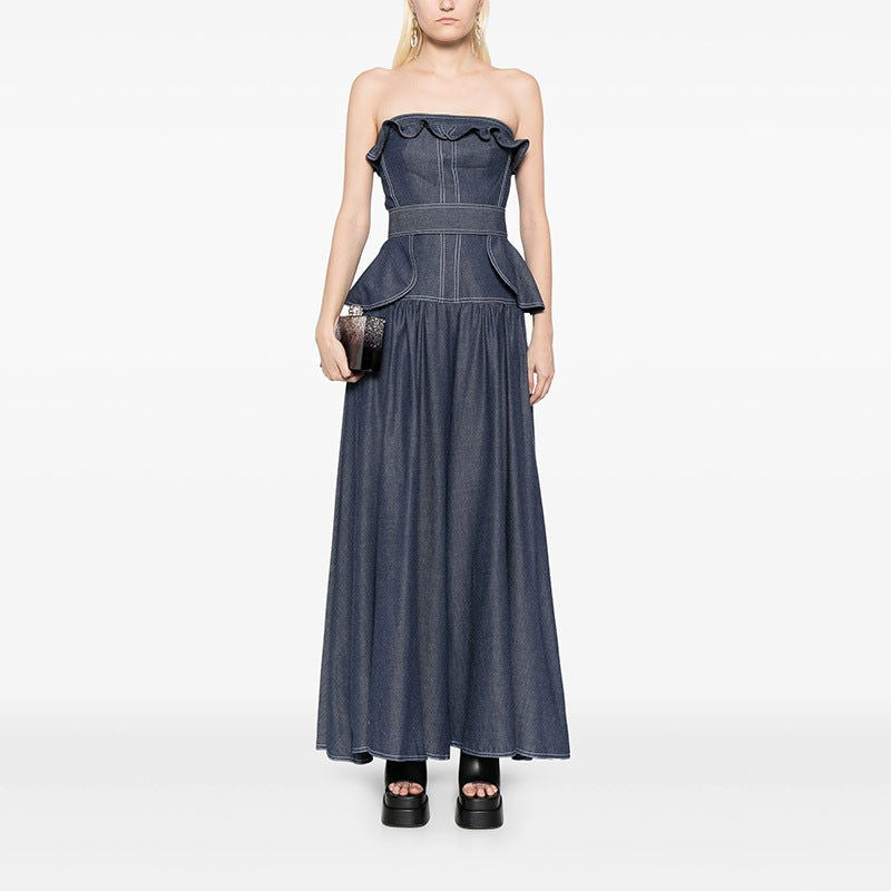 High Grade Denim Ruffled Design Elegant Big Hem Tube Top