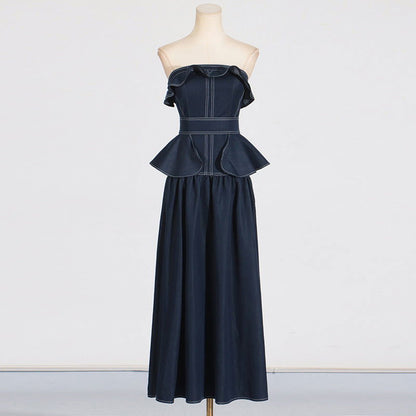 High Grade Denim Ruffled Design Elegant Big Hem Tube Top