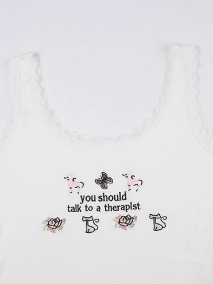 Lace Patch Embroidery Cropped Tank Top