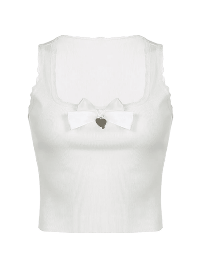 Lace Trim Bow White Tank Top