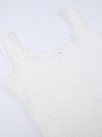 Lace Trim White Cropped Tank Top