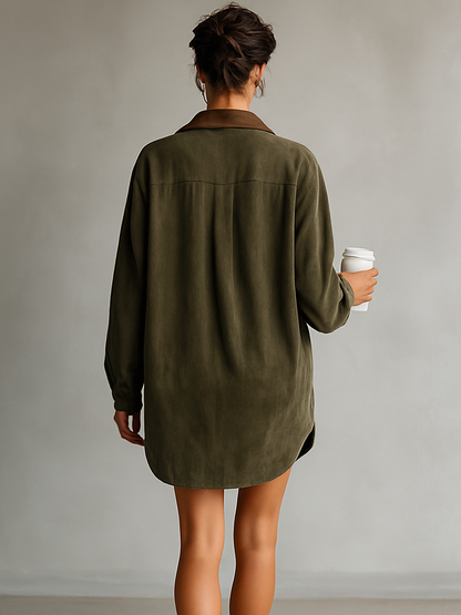 Women's Simple Loose Leather Lapel Spliced Suede Mini Dress MDA0233I3Y