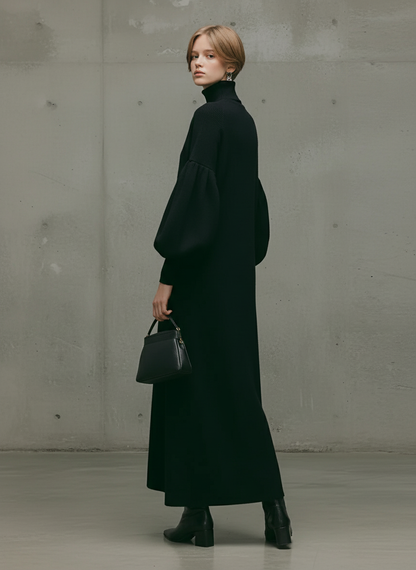 Women's Modern Black Turtleneck Puff-Sleeve Sweatshirt Maxi Dress MDA1503L6AU
