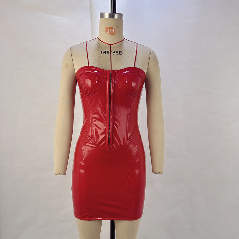 Leather Tube Top Package Hip Dress Backless Waist Trimming Off Neck Dress