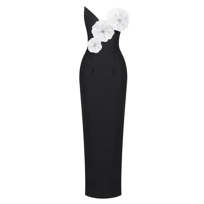 Black Tube Top Dress Floral Diamond Core Split off-Shoulder Design