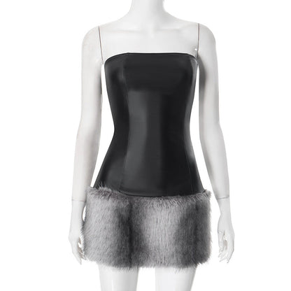 Collarless Leather Tube Top Plush Stitching Hip Short Dress