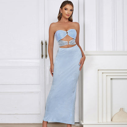 Dress Simple Tube Top Stitching Lace Sequined Hollow Out Cutout Waist Dress