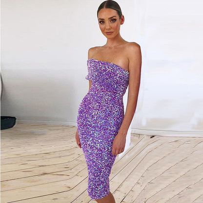 Off Shoulder Tube Top Purple Dress Cocktail Party Celebrity Party Evening Dress