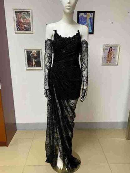 Internet Celebrity Wear Tube Top Lace Off The Shoulder High Slit Black Maxi Dress Birthday Catwalk Party Evening Dress