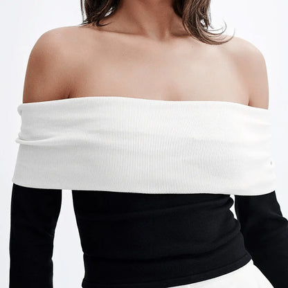 Off-Shoulder Patchwork Contrast Cropped Top