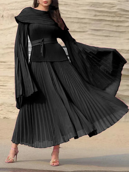 Flare Sleeves Top Elastic Waist Long Skirt Suit