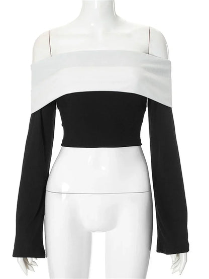 Off-Shoulder Patchwork Contrast Cropped Top