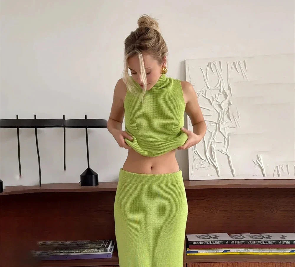 High Neck Knitting Top and Solid Long Skirt Suit
