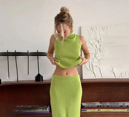 High Neck Knitting Top and Solid Long Skirt Suit