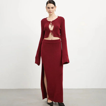 Knit Solid Lace-up Cardigan Top Slit Long Skirt Set