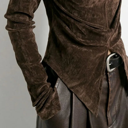 Front Side-slit Solid Color Soft Long Sleeve Top