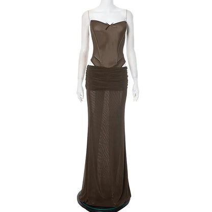 Brown Backless Corset Top Long Skirt Set
