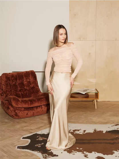 Mesh Off-shoulder Pleated Bust Strapless See Through Top