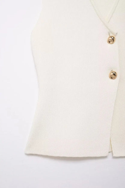 Button Knit Top Side Zipper Skirt Suit