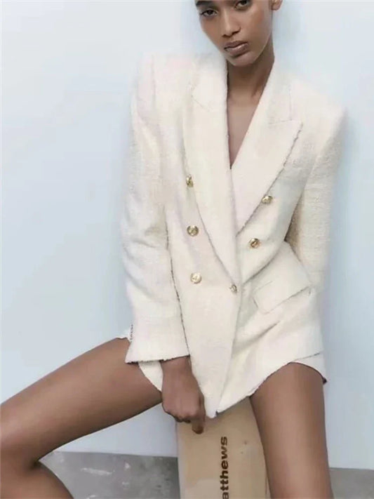 Double Breasted Buttons Tweed Blazer