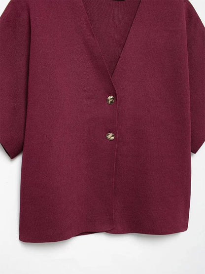 Knitted Flat Pin V-Neck Solid Short Sleeved Tops