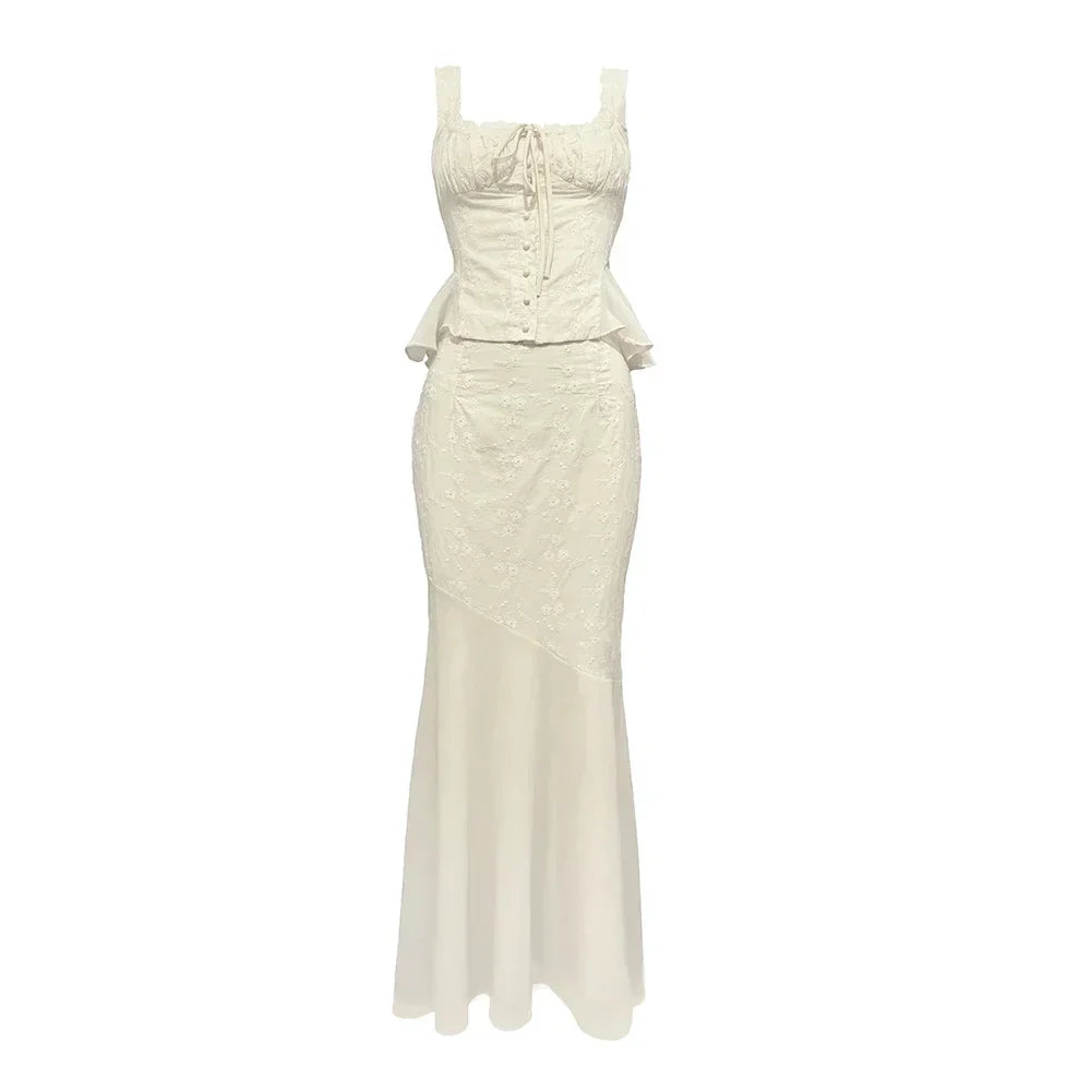2 Piece Dress Set Beige Top and Long Mermaid Skirt