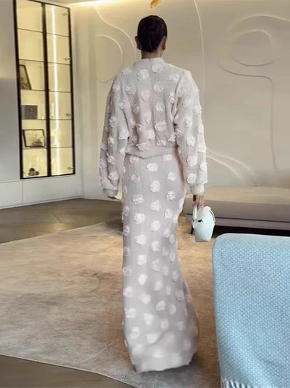 Knitting 3D Flower Lantern Sleeve Top and Long Skirt Suit