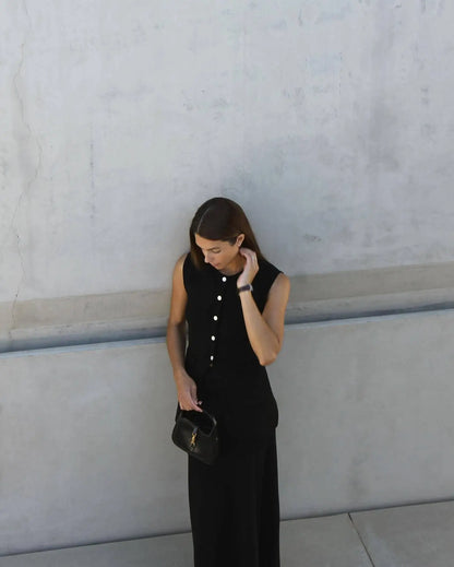 Knitted Sleeveless Top Slit High Waist Long Skirt Suit
