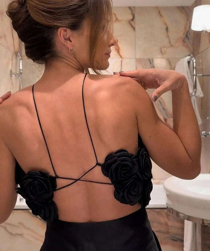 3D Flower Splicing Lace-Up Design Black Crop Top
