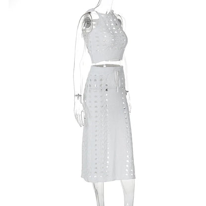Hollow Out Knitted Top Lace Up Split Long Skirt Suit