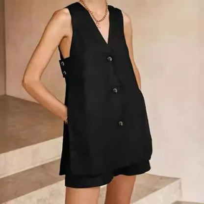 Hollow Button Long Top Elastic Waist Shorts Suit