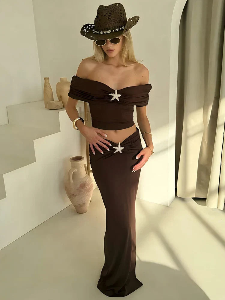 Off-shoulder Tops Thigh Split Long Skirt Two Pieces Sets