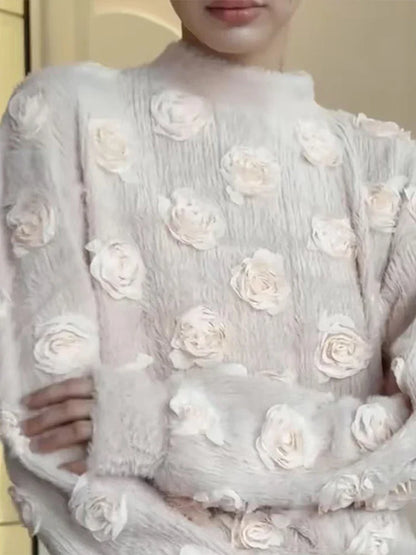 Knitting 3D Flower Lantern Sleeve Top and Long Skirt Suit