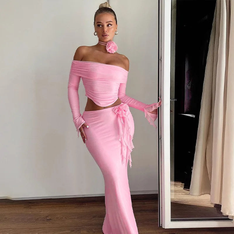 Off Shoulder Crop Top, Bodycon Maxi Skirt Set