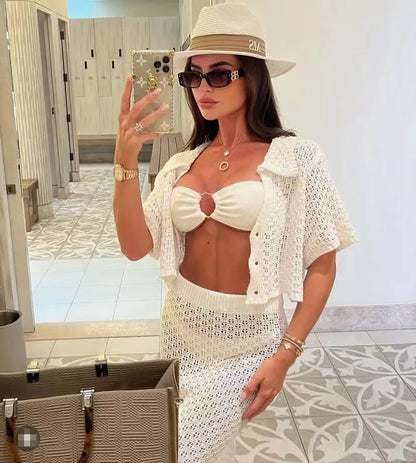 Knit Hollow Out Top and Long Skirt Suit