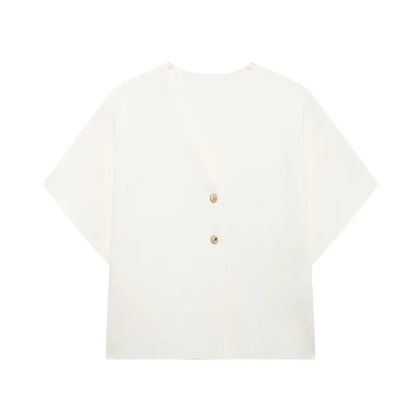 Knitted Flat Pin V-Neck Solid Short Sleeved Tops