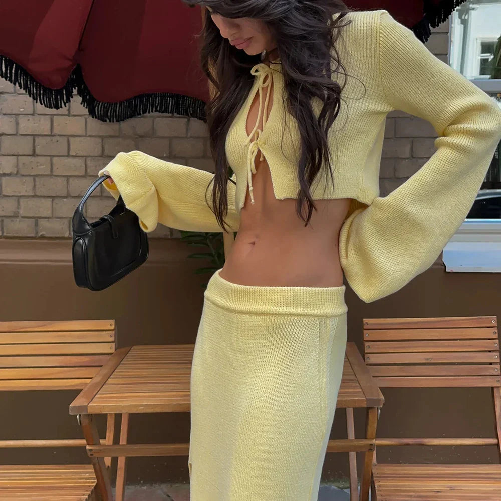 Knit Solid Lace-up Cardigan Top Slit Long Skirt Set