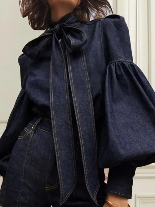 Denim Puff Sleeve High Neck Top