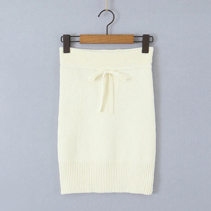 Knitted Straps with Long Sleeve Top And Lace-up Skirt Suit