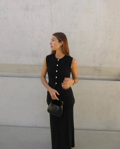 Knitted Sleeveless Top Slit High Waist Long Skirt Suit