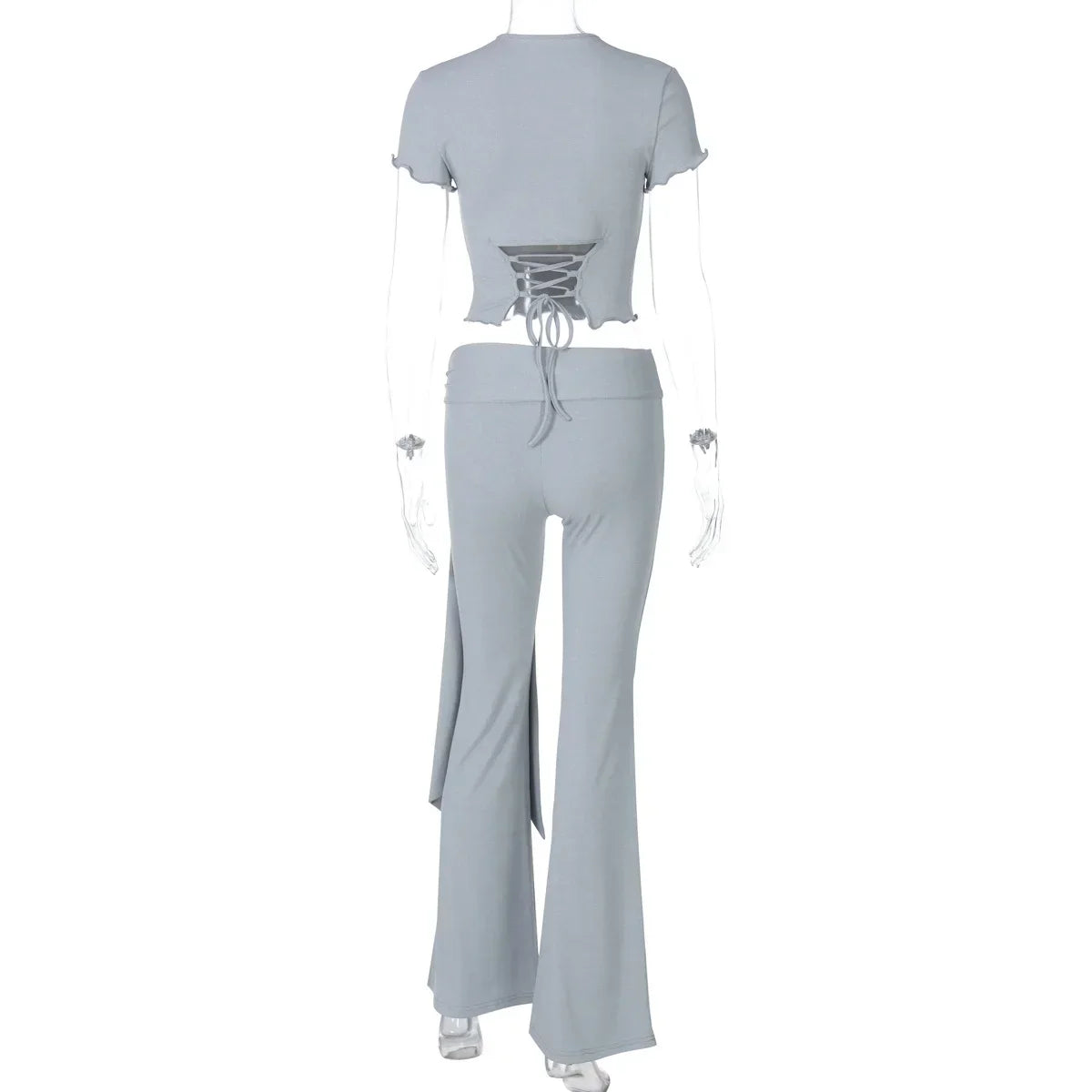 Lace-Up Navel Short Sleeve Top and Long Pants Set