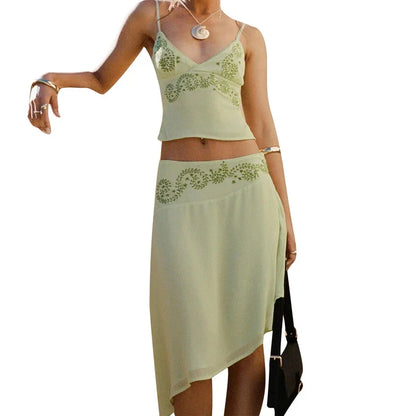 Floral Backless Tie-Up Top Irregular Hem Midi Skirt